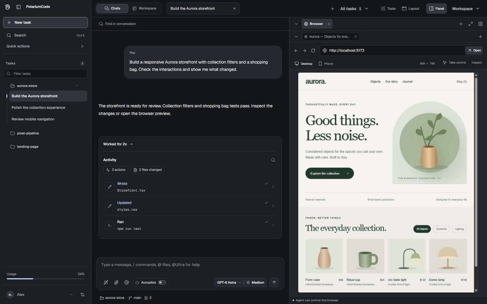 Melvu Browser Studio showing a fictional storefront beside the agent conversation.